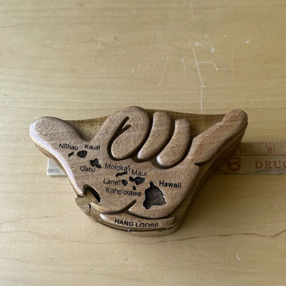 VTG Carved Wood Hawaii Hang Loose Hand Puzzle Box W Carved Islands Trinket Box - Picture 11 of 15
